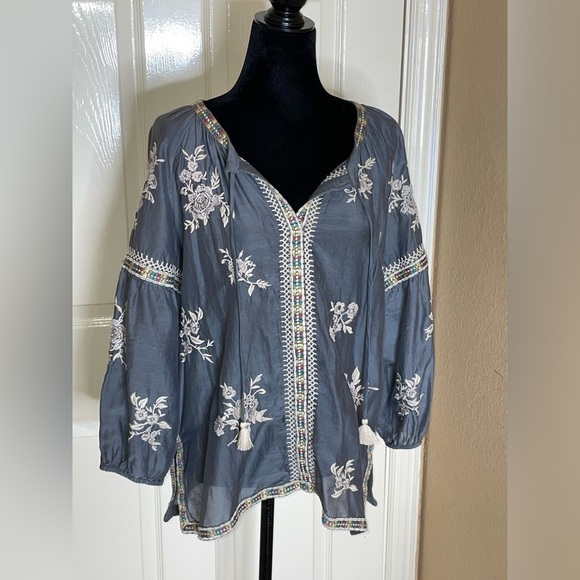 JOHNNY WAS Workshop Sophia Tie-Neck Embroidered Peasant Blouse Small  $245‌‌‌‌ - Picture 3 of 8